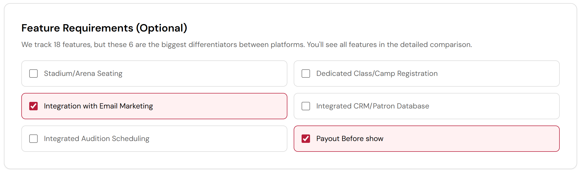 Feature requirements filter with options like email marketing integration and payout before show